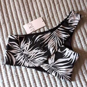 NWT ZARA asymmetrical single strap monochrome crop top tank dressy black white